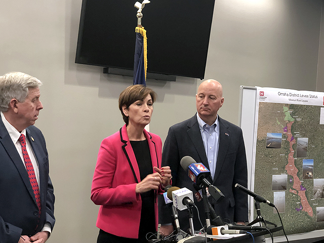 From left to right, Missouri Gov. Mike Parson, Iowa Gov. Kim Reynolds and Nebraska Gov. Pete Ricketts hold a press conference Wednesday afternoon following a meeting on the current status of the Missouri River with staff from the Army Corps of Engineers in Council Bluffs, Iowa. (DTN photo by Chris Clayton) 